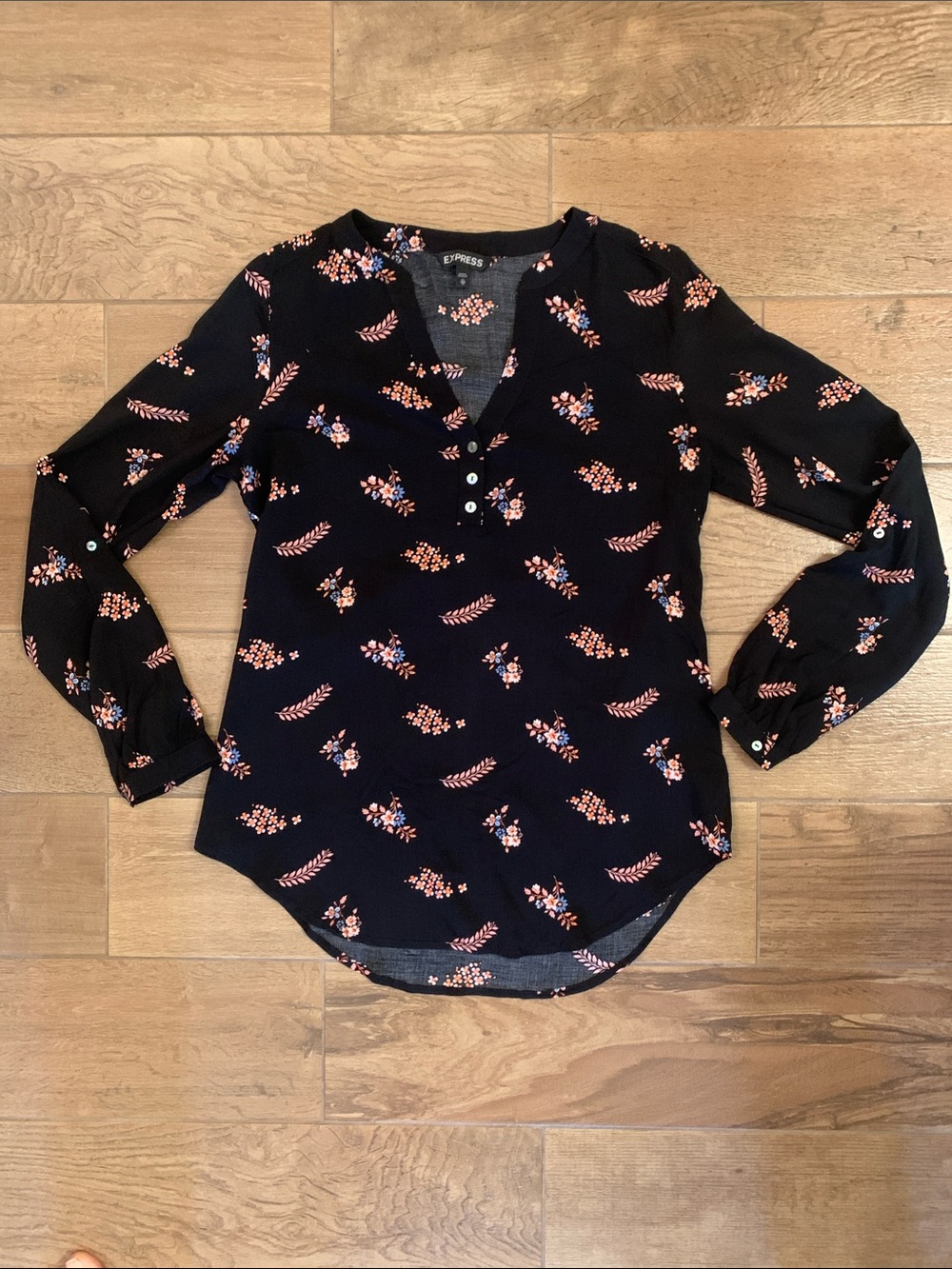 Express Black Floral Top with Pink/Blue/Coal Accents Size XS